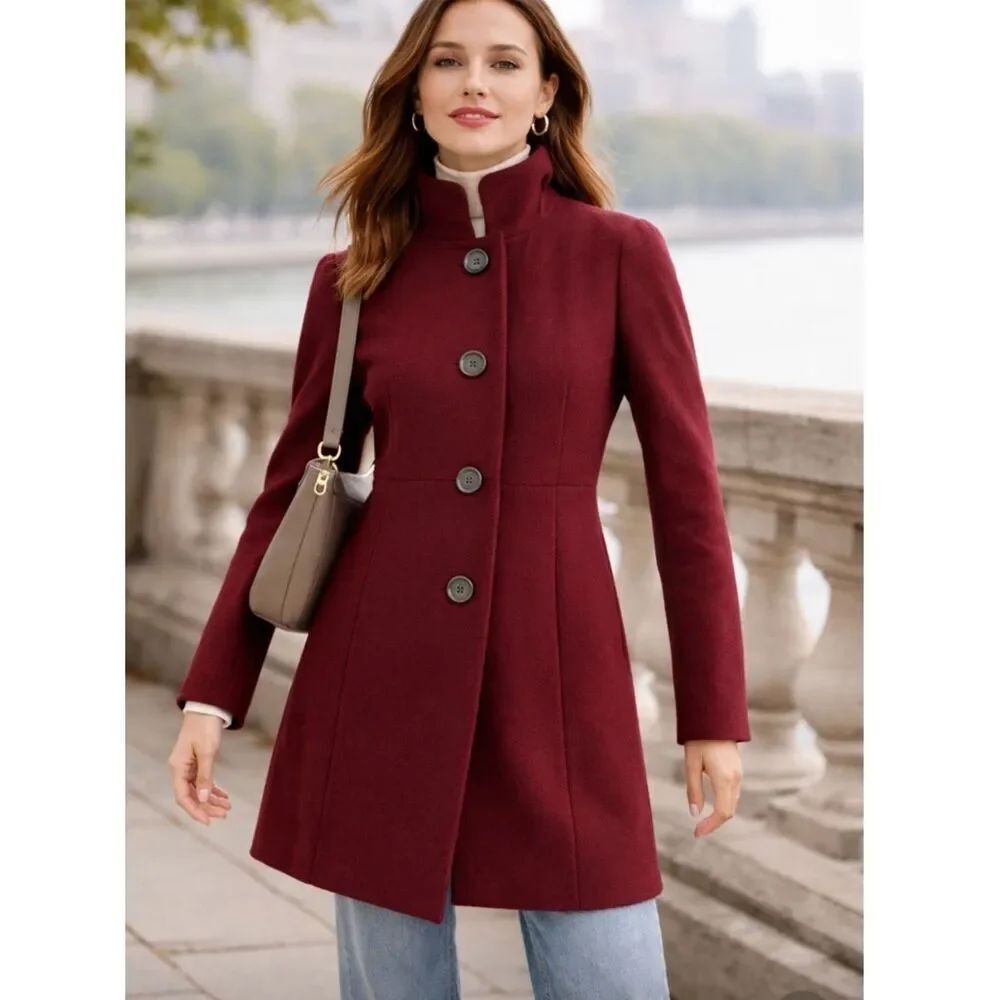 J. CREW Women's Burgundy Stand-Collar Wool Pea Coat Size 2